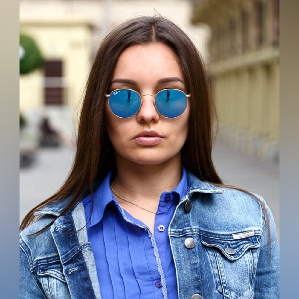 Ray-Ban Lennon Sunglasses RB3447 Round Classic Gold Frame Blue Flash Mirror - Picture 9 of 15